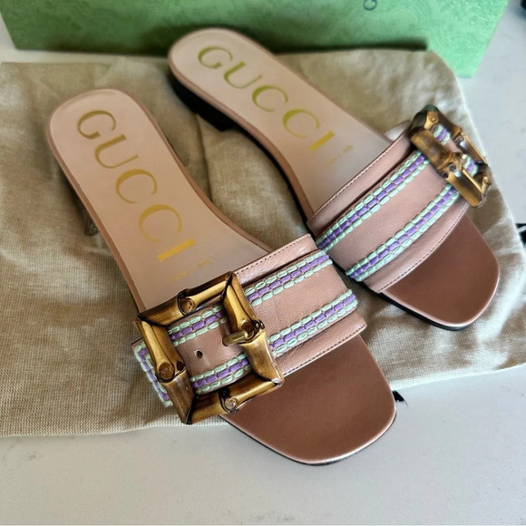 Gucci Cecyl Bamboo buckle embroidered Leather flats in Blush apricot Size: 36 - Picture 5 of 6